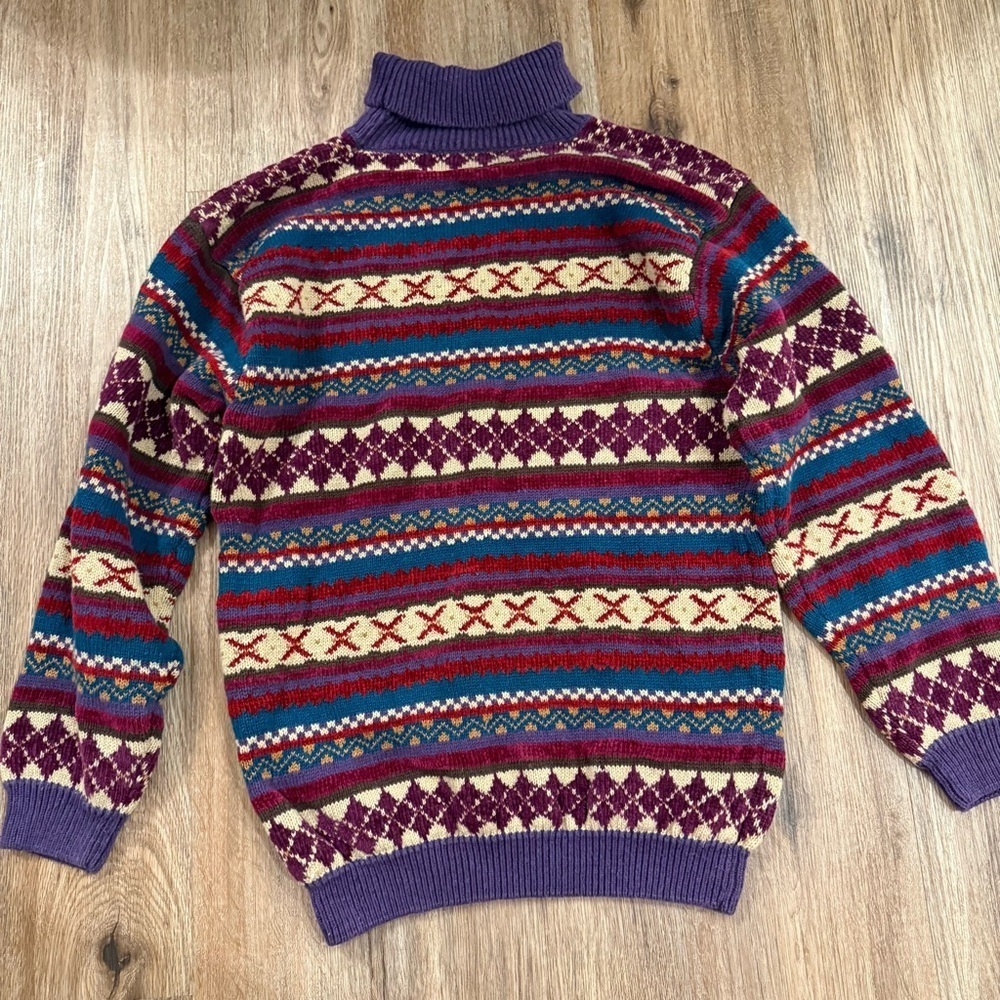 Vtg Jantzen Sweater Women’s Med Purple Blue Fall Fair Isle Colorful Artsy Retro - Picture 3 of 8